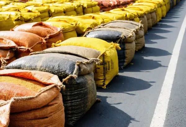 Rows of yellow, orange, black and tan filled sandbags on asphalt