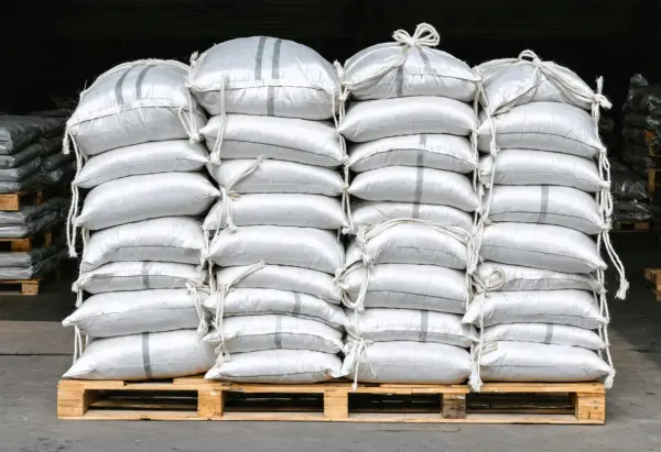 Stack of filled white polypropylene sandbags on a wooden pallet